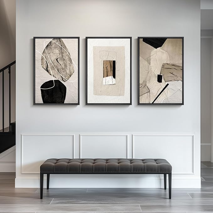 Large Framed Neutral Abstract Wall Art for Living Room, 3 Piece Modern Canvas Prints Paintings Artwork for Walls, Black and Beige Pictures for Living Room Hallway Stair Office Wall Decor 24x36 Inch