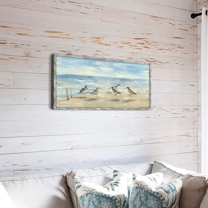 Coastal Framed Painting Wall Decor: Abstract Ocean Wall Art 40"x20" Seagulls Oil Painting Style Beach Picture Printed on Wood Seascape Artwork for Bedroom