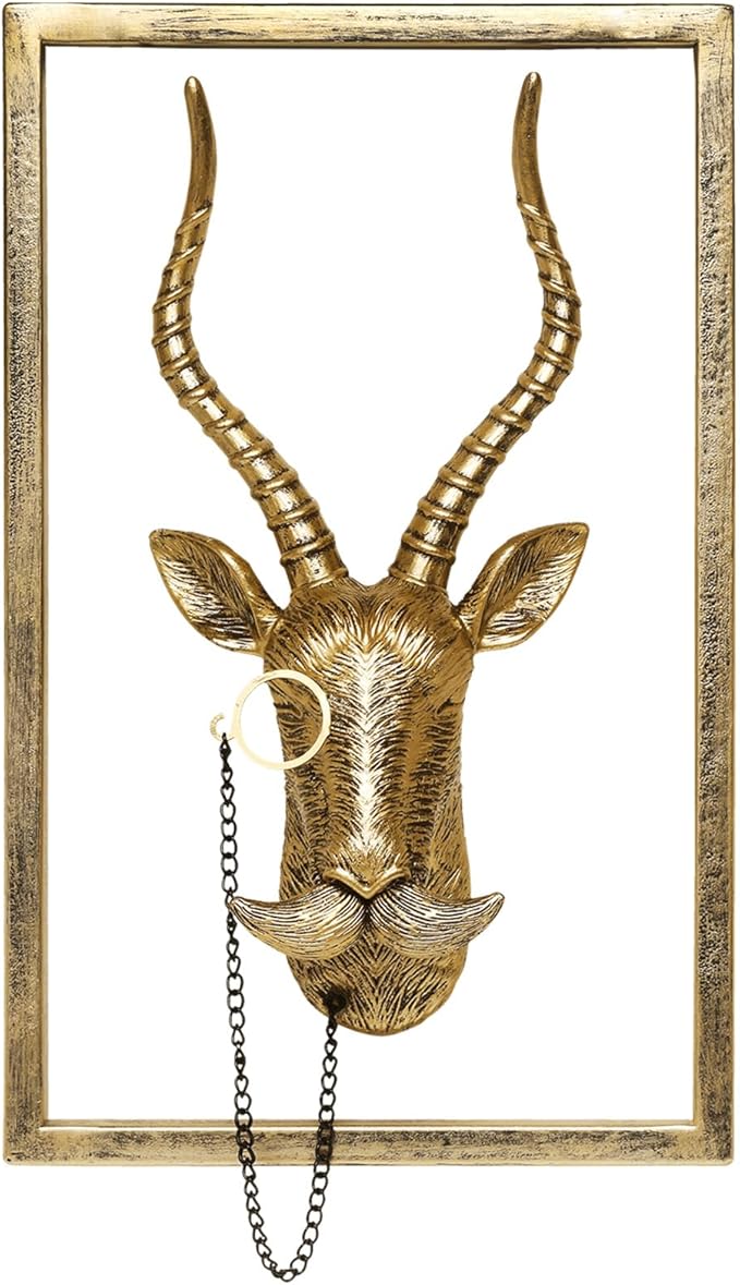 Newinhome Animal Heads Wall Decor (Includes Metal Frame) Resin Animals Sculptures Head Wall Hanging Decoration Gold vintage Wall Sculpture for Living Room Bedroom Office(Antelope)