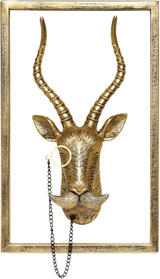 Newinhome Animal Heads Wall Decor (Includes Metal Frame) Resin Animals Sculptures Head Wall Hanging Decoration Gold vintage Wall Sculpture for Living Room Bedroom Office(Antelope)