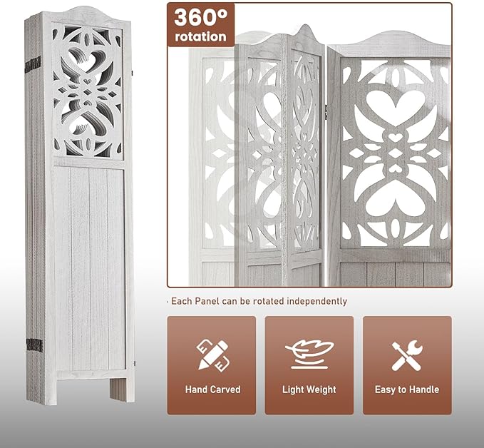 6 Panel Room Divider Fully Assembled, Carved Room Dividers and Folding Screens, 5.6Ft Wood Room Divider Screen Freestanding Partition Wall Dividers for Home Bedroom Office, Rustic White