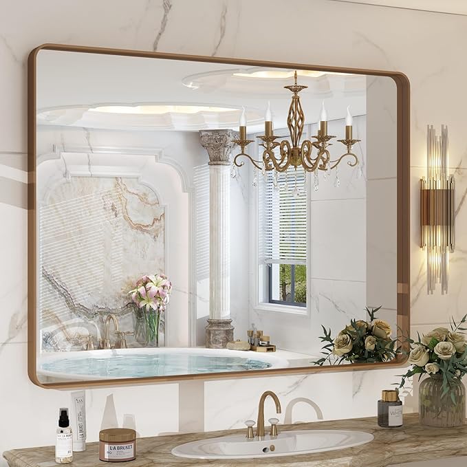 44x36 Gold Framed Mirror for Bathroom, Brushed Gold Brass Bathroom Mirror, Rectangle Gold Bathroom Vanity Mirror for Wall, Shatterproof, Anti-Rust, Hangs Horizontally or Vertically