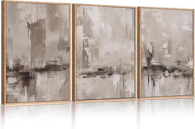 KAIRNE 3 Piece Abstract Neutral Gray & Beige Pastel Framed Canvas Wall Art Set - Minimalist Shapes, Modern Brush Stroke Design - Perfect for Living Room, Bedroom, Office Decor - 16"x24"