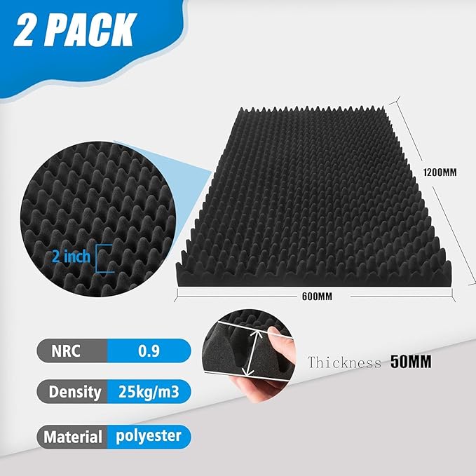 4 Pack Acoustic Panels, 48x24x2” Egg Crate Soundproof Foam Wall Panels High Density Noise Canceling Studio Foam Wall Panels for Echo Absorption Home Office (Black 4 Pack, 48"x24"x2")