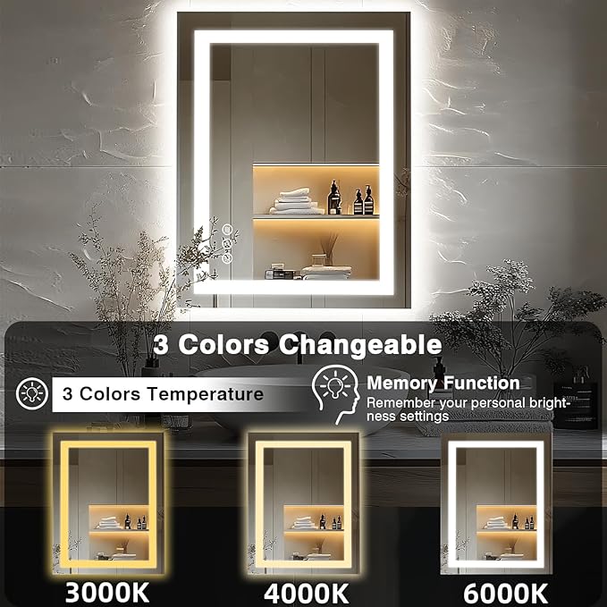 24"x36" LED Bathroom Mirrors for Wall, Front and Backlit, Anti-Fog Vanity Mirror with Lights, Stepless Dimmable Lighted, 3 Colors Smart Mirror (Horizontal/Vertical)