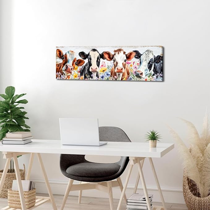 Country Cow Canvas Wall Art Kitchen Wall Decor Vintage Funny Cattle Flowers Picture Prints Rustic Farmhouse Painting Framed Colorful Wildflower Poster for Living Room Bedroom Decorations 14x48"