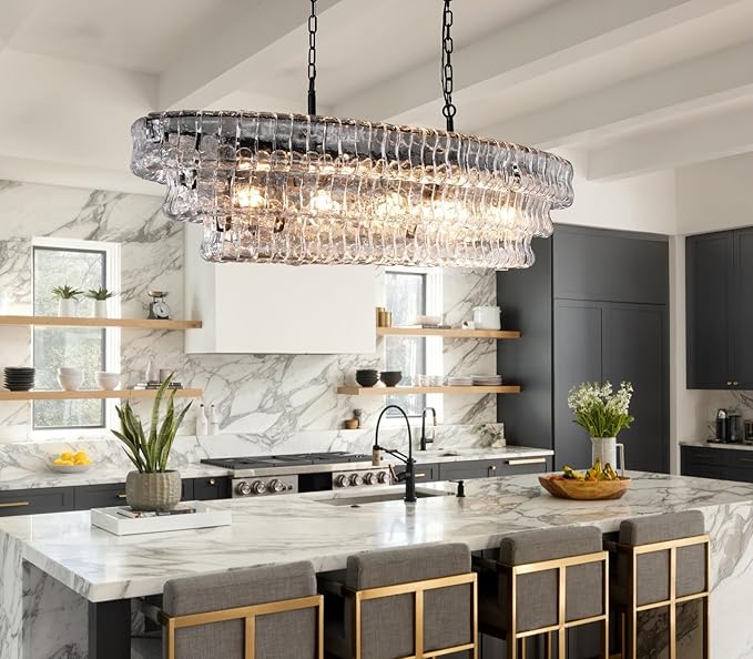 54 Inch Large Rectangular Black Chandelier for Dining Room, Clear Glass Drum Modern Pendant Light Fixture, Extra Long Kitchen Island Lighting