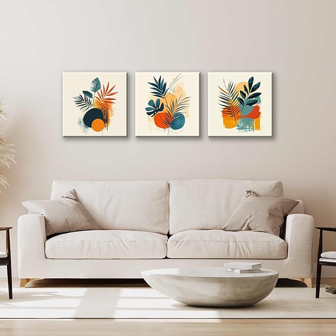 NAN Wind 3Pcs Modern Abstract Botanical Canvas Wall Art Colorful Leaf Prints Contemporary Floral Art for Living Room Minimalist Plant Decor Geometric Canvas Set Ready to Hang for Home Decor