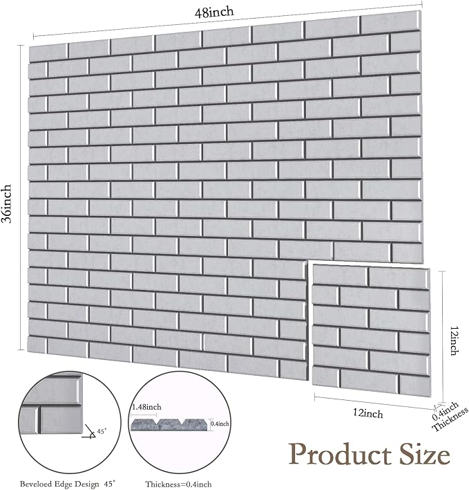 12Pack Acoustic Panels, Self-Adhesive 3D Brick Pattern Sound Proof Panels for Walls, Decorative Sound Dampening Wall Panels for Recording Studios, Offices, Home, 12"×12"×0.4", Grey