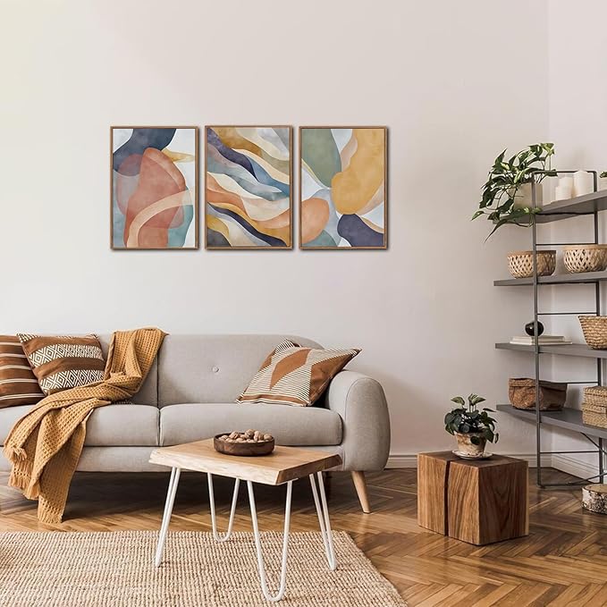 LHIUEM Large Abstract Neutral Framed Canvas Wall Art Set of 3(12”X16”)Colorful Watercolor Block Wall Art Colorful Office Decor Boho Geometric Illustrations Artwork for Living Room Bedroom Dining Room