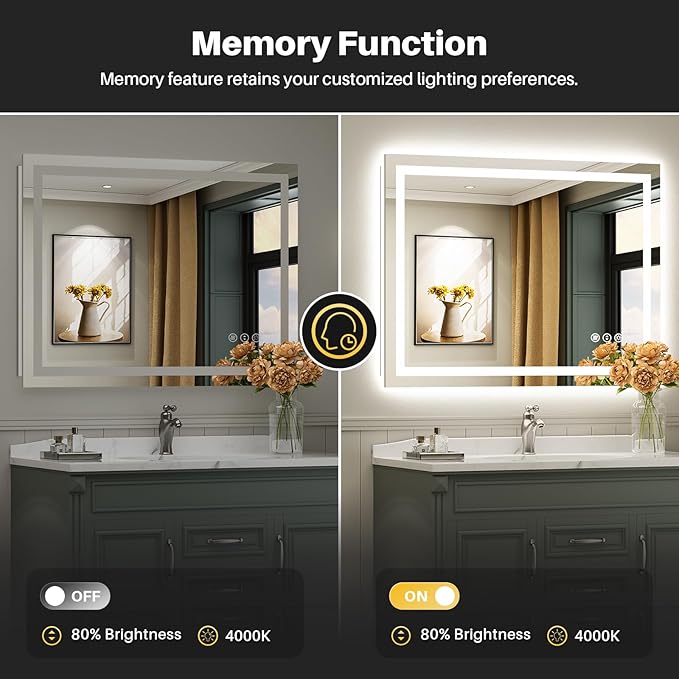 40"x36" LED Bathroom Mirror with Lights, Backlit & Front Lit, Anti-Fog Lighted Bathroom Vanity Mirror for Wall, Memory Function, Dimmable, HD Tempered Glass, Shatter-Proof
