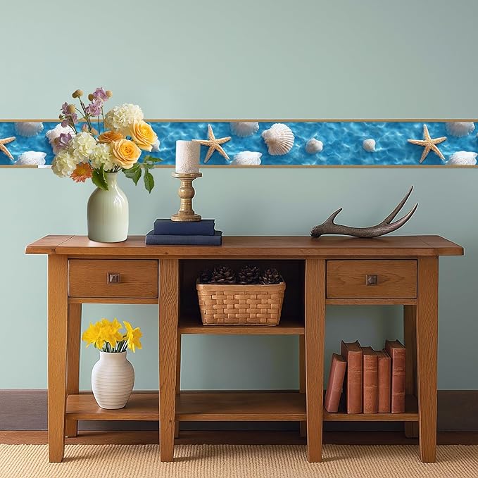 Coastal Seashell Wallpaper Border 196x4 Inch Peel and Stick Wall Border Self Adhesive Starfish Beach Removable Vinyl Trim for Living Room Bedroom Bathroom Kitchen Cabinet Decoration