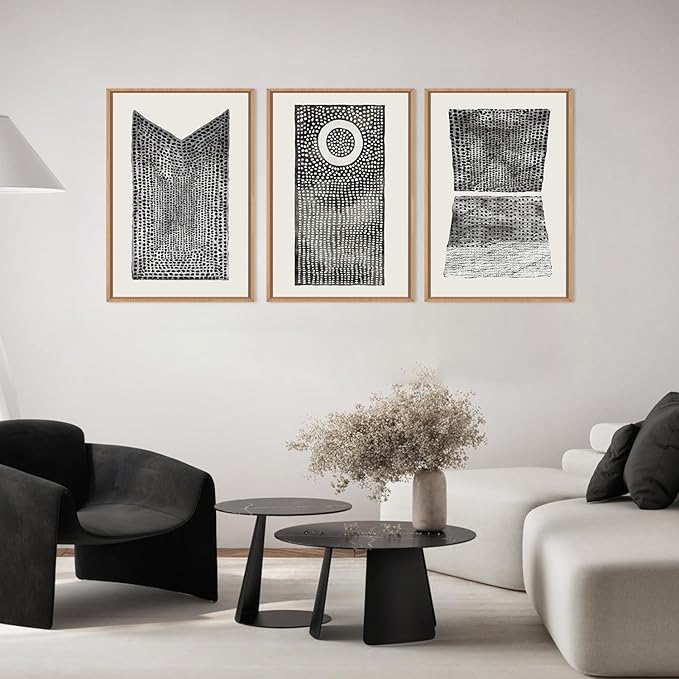 Abstract Dot Pattern Framed Canvas Wall Art Set,Minimalist Black and White Wall Decor,Neutral Geometric Print,Modern Circle Boho Mid Century Artwork for Living Room,Bedroom-24 x36 x3