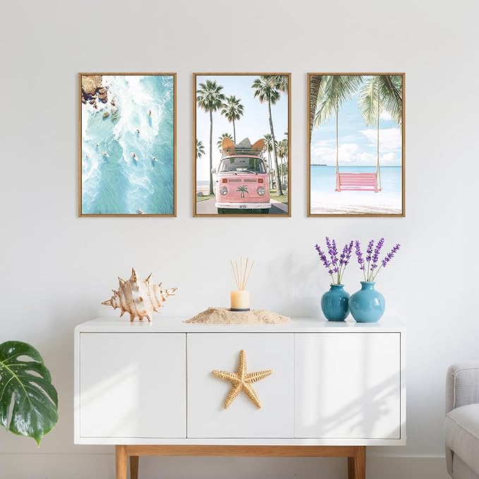Large Summer Beach Surfing Scene Framed Canvas Wall Art Set,Coastal Pink Van and Surfboards Wall Decor,Trendy Beach Swing Palm Trees Artwork for Living Room,Bedroom-24 x36 x3