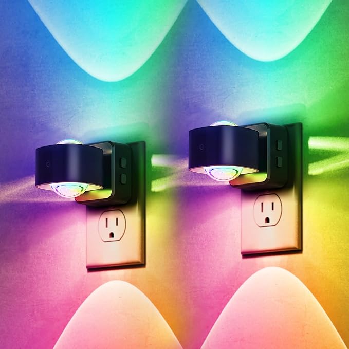 Briignite Night Light Projector, RGB Color Changing Night Light for Kids, 180° Rotating Night Lights Plug into Wall, Dusk to Dawn Sensor, RGB Ambient Lighting for Gaming Room Bathroom Gifts, 2 Pack