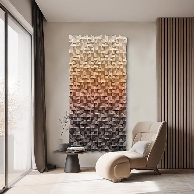 LIUZEYUE - 3D wooden block painting gradient coffee white art background wall wooden block abstract geometric wall decoration living room/bedroom/office modern minimalist style decoration 31.5"x63"