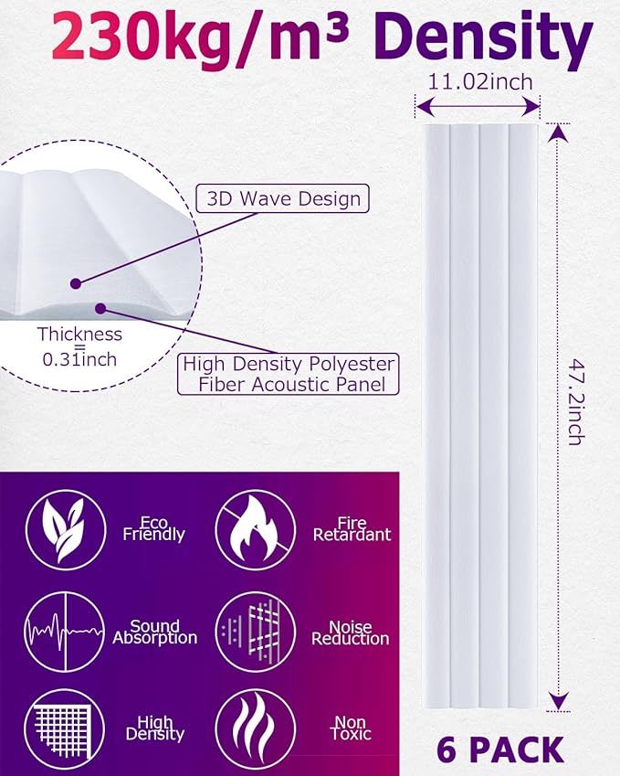 BUBOS 6 Pack Large Acoustic Panels,47.2"x11"3D Wave Pattern Acoustical Wall Panels,Self-Adhesive Sound Proof Panels for Walls,Decorative Soundproof Panels for Recording Studio&Office (White 01)