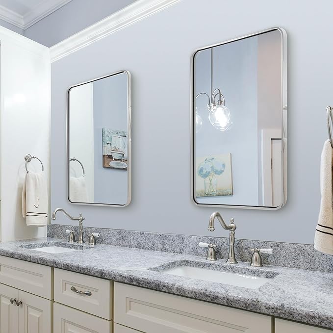 ANDY STAR Chrome Bathroom Mirror, 22x30’’ Rounded Rectangle Polished Nickel Mirror for Vanity, SUS304-Anti-Rust, Wall-Mounted Vertical/Horizontal 1’’ Deep