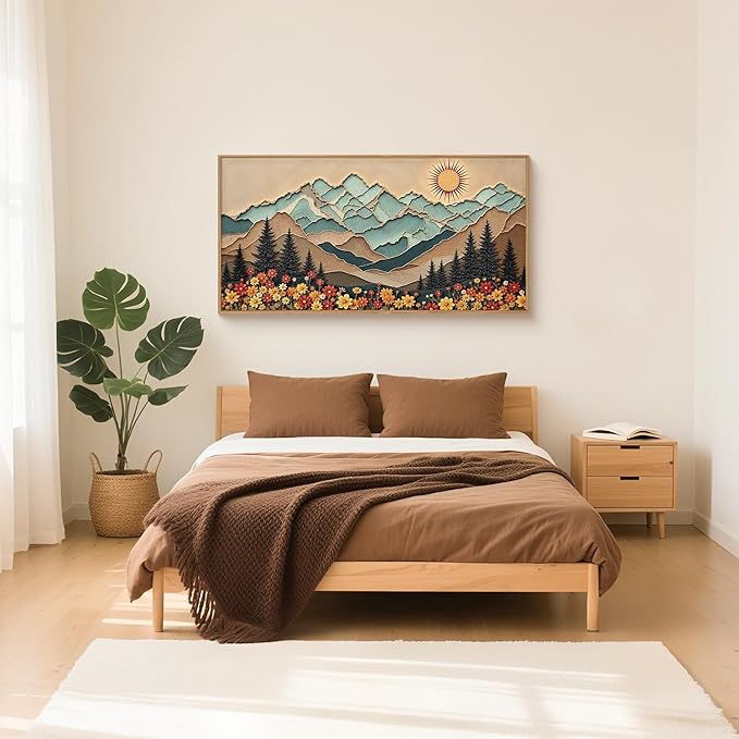 Large Wood Grain Mountain Framed Canvas Wall Art Set,Vintage Sunrise Forest Floral Wall Decor,Rustic Boho Natural Wilderness Art Printing for Living Room,Bedroom,Office-20 * 40"