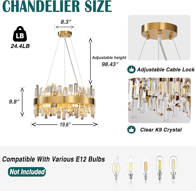 Modern Crystal Chandelier, Luxury Round 2 Tiers K9 Crystal Chandelier for Living Room, 12-Light Gold Flush Mount Ceiling Light Fixture for Dining Room Kitchen Foyer Bedroom D19.7''