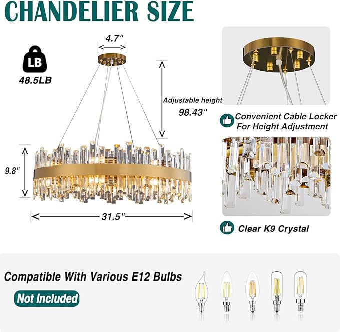 Modern Crystal Chandeliers, 16 Lights Brass Gold Round 2-Tier K9 Crystal Raindrop Chandelier, Luxury Flush Mount Pendant Ceiling Light for Living Room Bedroom Entryway Kitchen Foyer D31.5''