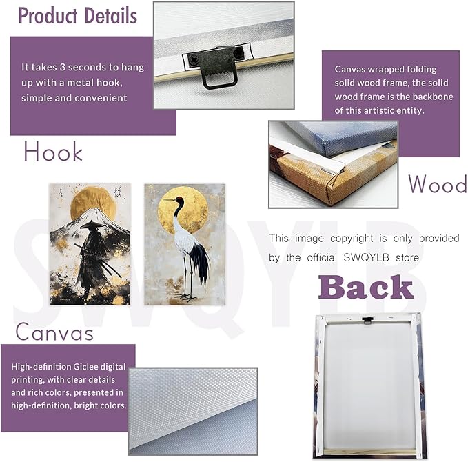 SWQYLB Japanese Wall Art 2 Piece Samurai Art Wall Decor Japanese Landscape Pictures Canvas Prints Asian Oriental Home Decor Framed (Gold, (24"x36"x2 Pieces))