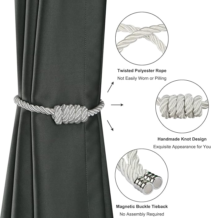 BEL AVENIR Magnetic Curtain Tiebacks, Decorative Drapery Holdbacks Modern Woven Tie-Backs with Exquisite Knot (White, 6 Pack)