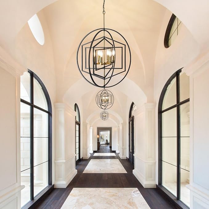 26 Inch Black and Gold Chandelier, 6-Light Farmhouse Chandelier for Entryway, Industrial Foyer Lighting Fixtures, Large Chandeliers for High Ceilings, Modern Hanging Pendant Lights for Staircase