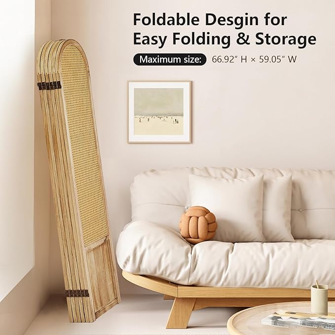 6 Panels Room Divider, Folding Privacy Screen, Foldable Wood Rattan Room Divider Panel, Portable Partition Screen Wall Divider for Room Separation Bedroom Home Office Garden Terrace (Natural)
