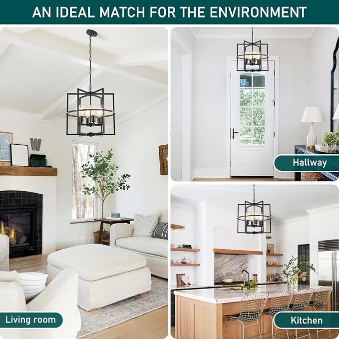 6-Light Black Farmhouse Chandelier for Dining Room, 19'' Modern Industrial Metal Cage Adjustable Hanging Pendant Light for Kitchen Island, Entryway, Hallway, Bedroom