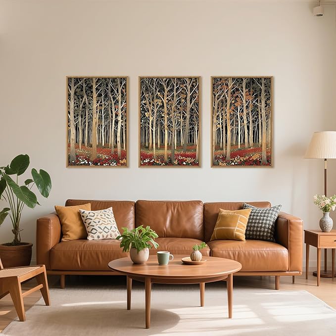 Large Modern Autumn Birch Trees Framed Canvas Wall Art,Boho Aspen Trees Wall Decor,Mid Century Fall Forest Artwork,Natural Midnight Wilderness Art Print for Living Room,Bedroom,Office-24"x36"x3