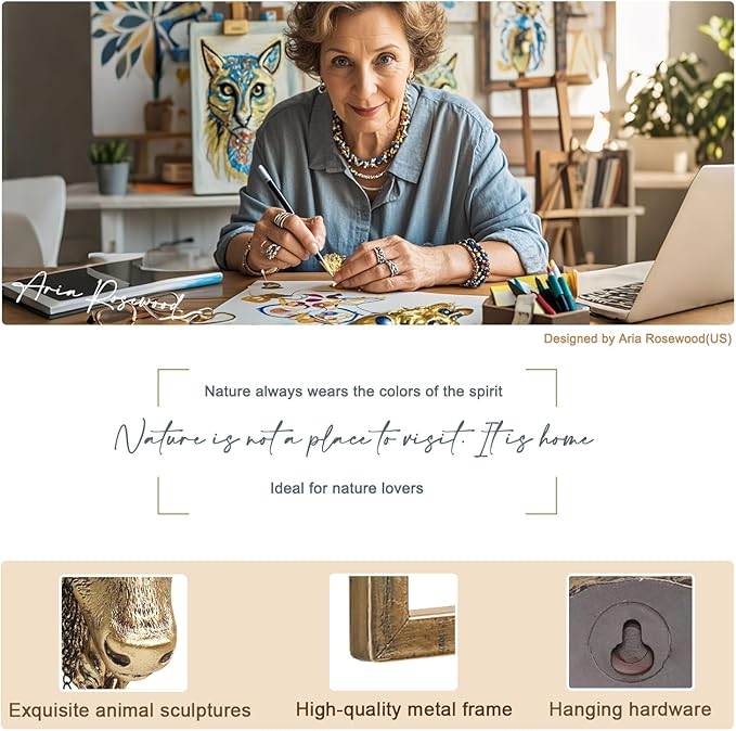 Newinhome Animal Heads Wall Decoration (Gift Metal Frame) Resin Animals Sculptures Head Wall Hanging Decor Gold vintage Wall Sculpture for Living Room Bedroom Office(Bull)