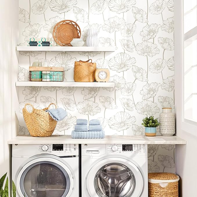 Orainege Peel and Stick Wallpaper Beige and White Floral Wallpaper 17.3inx118.1in Self Adhesive Contact Paper Removable Decorative Wall Paper for Bedroom Bathroom Cabinets Decor Vinyl