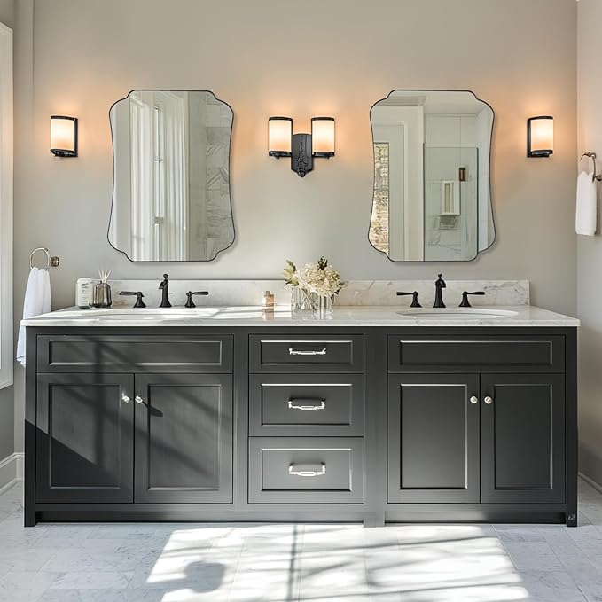 ANDY STAR Bathroom Vanity Mirror, 24x32 Matte Black Rectangle Mirror with Scalloped Round Corner, Vintage Asymmetrical Metal Wall Mirror for Entryway, Living Room