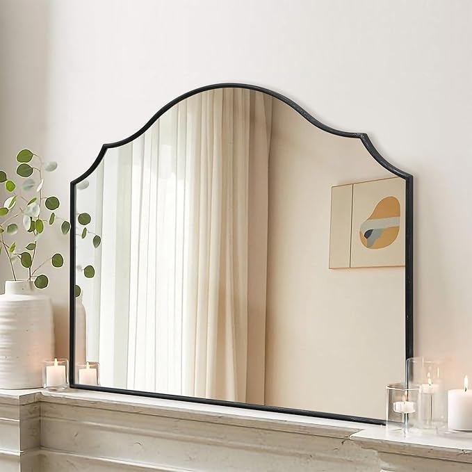 Black Scalloped Arched Mirror: 35"x26" Large Modern Wall Mirror - Minimalist Decorative Dresser Mirrors for Vanity/Bedroom/Fireplace/Living Room/Entryway/Wall Decor