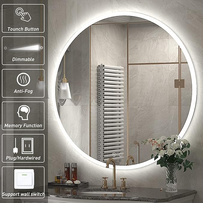 24 Inch Round LED Bathroom Mirror - 6000K Daylight Backlit, Anti-Fog & Dimmable, Frameless Waterproof Mirror with Touch Control, CRI90+, IP54 for Vanity & Makeup