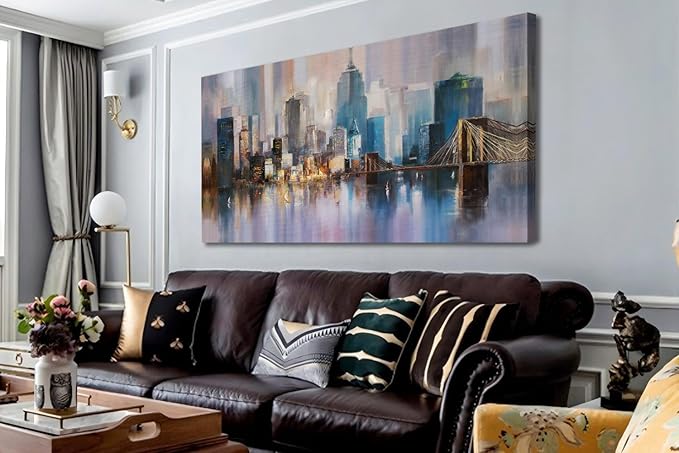 Ardemy Cityscape Wall Art Living Room Canvas Wall Decor Large Abstract Skyline New York City Paintings Wall Decor Modern NYC Pictures Artwork for Walls Bedroom Home Office, 48"x24"