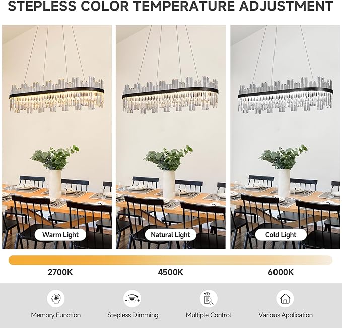 Black Modern Led Crystal Chandelier: 39.3" Rectangle Linear 3 Color Dimmable Chandeliers for Dining Room Over Table - Luxury Rectangular Contemporary Oval Light Fixture for Living Room Bedroom Foyer