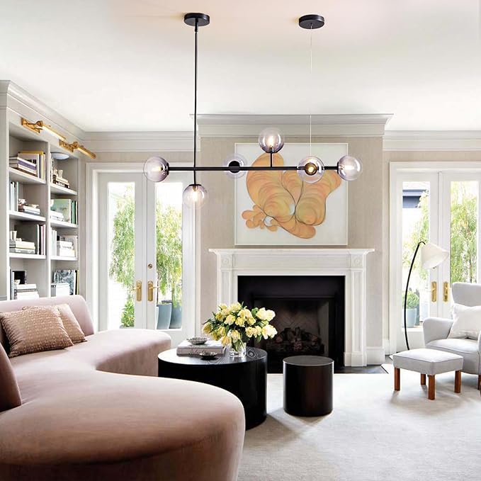 6 Lights Mid Century Modern Globe Chandelier, Black Linear Sputnik Chandelier with Glass Pendant Lights for Dining Room, Kitchen Island, and Living Room (Smoke Gray Glass)