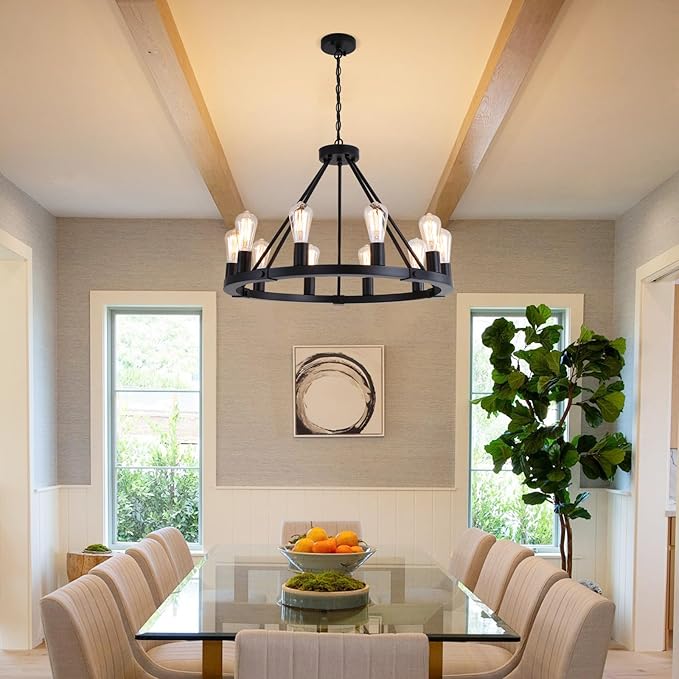 9MMML 10 Lights Wagon Wheel Chandelier, Black Round Globe Wrought Iron Pendant Lights for Dinging&Living Room Kitchen Island Porch Enteyway Hallway,Dia26.4,E26 Bulbs, Heights Adjustable