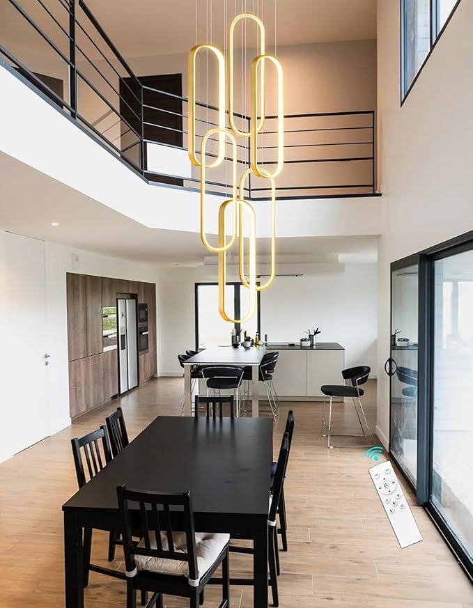 6 Rings Modern Chandelier LED Dimmable Flush Mount Ceiling Light for Foyer Living Room Staircaes Gold