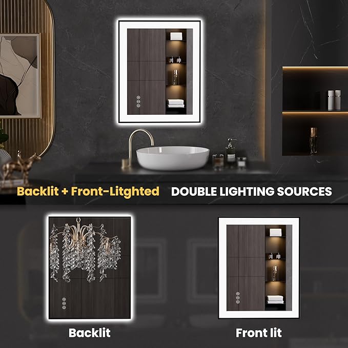 LOAAO 24"X30" LED Bathroom Mirror Black Framed, Anti-Fog, Dimmable, Lighted Bathroom Vanity Mirror for Wall, Memory Function, Tempered Glass