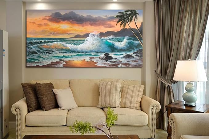 Ardemy Coastal Seascape Canvas Wall Art Living Room Beach Bedroom Paintings Seawave Tropical Pictures Wall Decor Blue Ocean Large Panoramic Landscape Artwork Home Office, 48"x24"