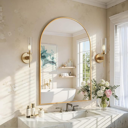 Antok Wall Mirror, 24"x36" Bathroom Vanity Mirror, Anti-Rust HD Tempered Glass, Wall Mounted Mirrors for Living Room, Entryway, Gold Frame, Arched
