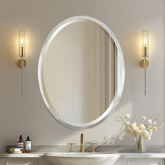 OVALCREST - Oval Wooden Beveled Wall Mirror for Home Decor, Bathroom, Vanity, Bedroom, Living Room, Hallway - London Style (Silver Leaf with Brown Antique) 37.1 x 25.1