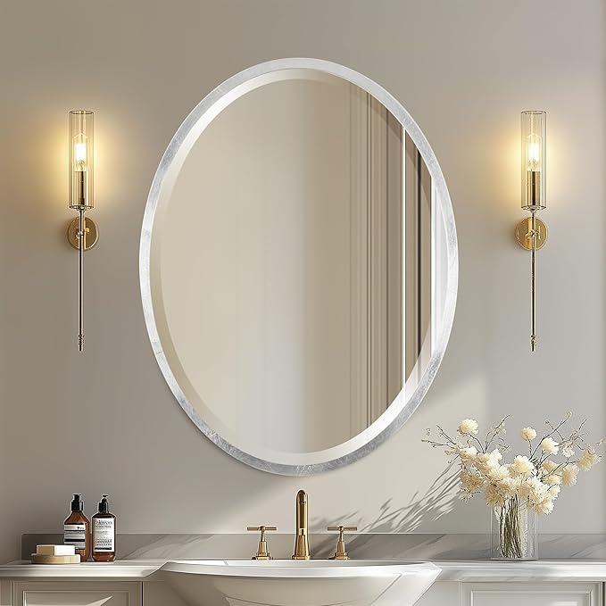 OVALCREST - Oval Wooden Beveled Wall Mirror for Home Decor, Bathroom, Vanity, Bedroom, Living Room, Hallway - London Style (Silver Leaf with Brown Antique) 31.1 x 25.1