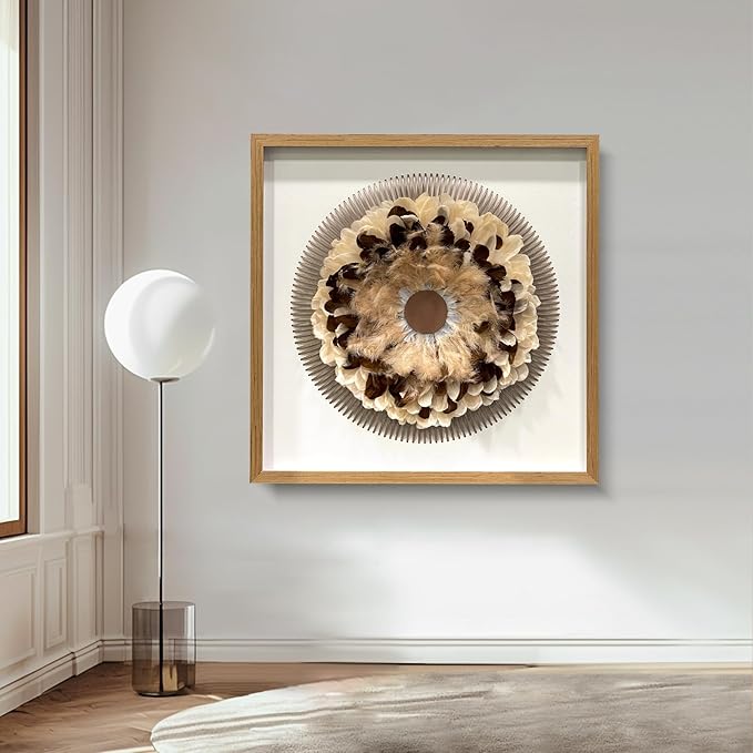 BrightA Handmade Bohemian Wall Art Circular Feather and Leather Wall Sculpture with Organic Textured Gray Backdrop Boho Decor for Living Room Study Spaces 31.5"x31.5"