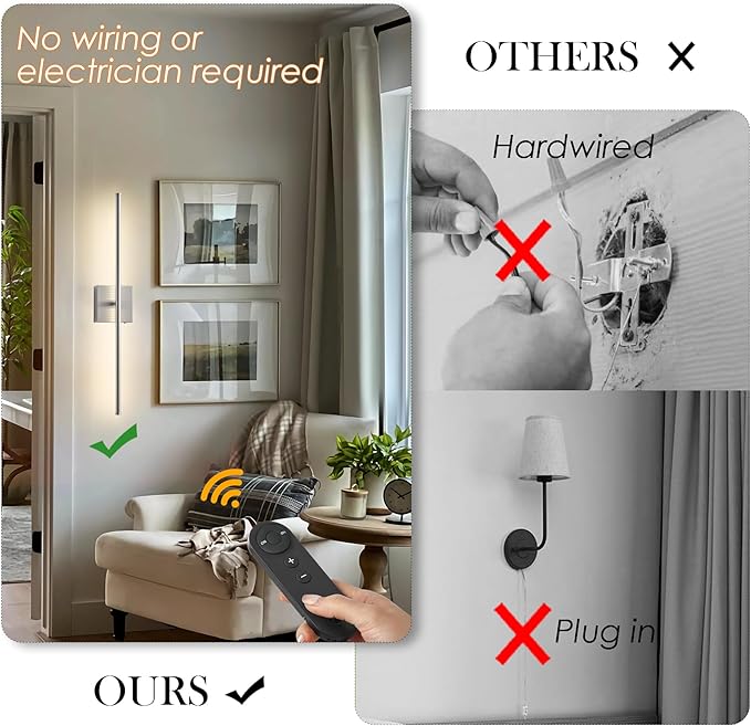 Battery Operated Wall Sconces with Remote Control, Dimmable Wall Sconces Set of Two, 350°Rotate, 3000K LED Nickel Wireless Wall Light for Living Room, Hallway, Bedroom, 32.2 Inch (2 Pack)