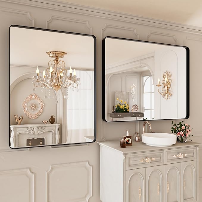 Black Metal Framed Bathroom Mirror for Wall,40X38 Rounded Rectangle Mirror, Matte Black Bathroom Vanity Mirror Farmhouse, Anti-Rust, Tempered Glass, Hangs Horizontally or Vertically