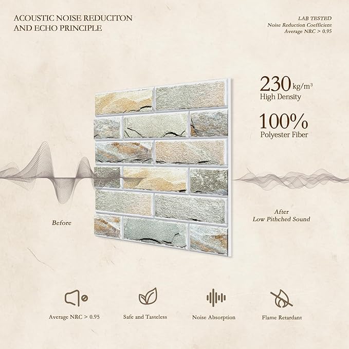 12Pack Acoustic Panels, Self-Adhesive 3D Brick Pattern Sound Proof Panels for Walls, Decorative Sound Dampening Wall Panels for Recording Studios, Offices, Home, 12"×12"×0.4", Stone